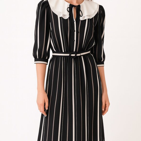 Vintage 80s Striped Dress Peter Pan Collar Wednesday Addams Dark Academia - Picture 1 of 15